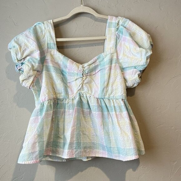 Puff-Sleeve Smocked Seersucker Babydoll Swing Blouse Women XL - Picture 2 of 9